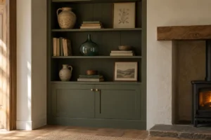 Deep olive alcove shelving beside a wood-burning stove with Shaker cabinet doors, brass knobs, stoneware, books, and botanical art.