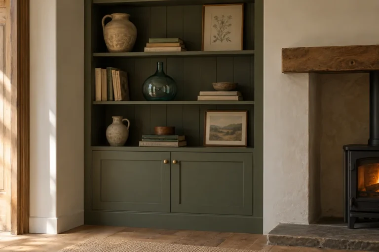 Deep Olive Alcove Shelving Beside a Wood-Burning Stove: A Practical Built-In Project Guide 21 Deep olive alcove shelving beside a wood-burning stove with Shaker cabinet doors, brass knobs, stoneware, books, and botanical art.