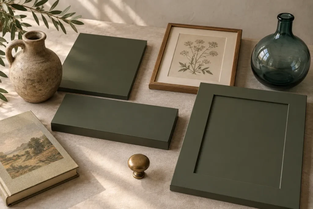 Deep Olive Alcove Shelving Beside a Wood-Burning Stove: A Practical Built-In Project Guide 4 Deep olive paint, Shaker door material, aged brass hardware, stoneware, botanical art, and blue-green glass for alcove shelving.
