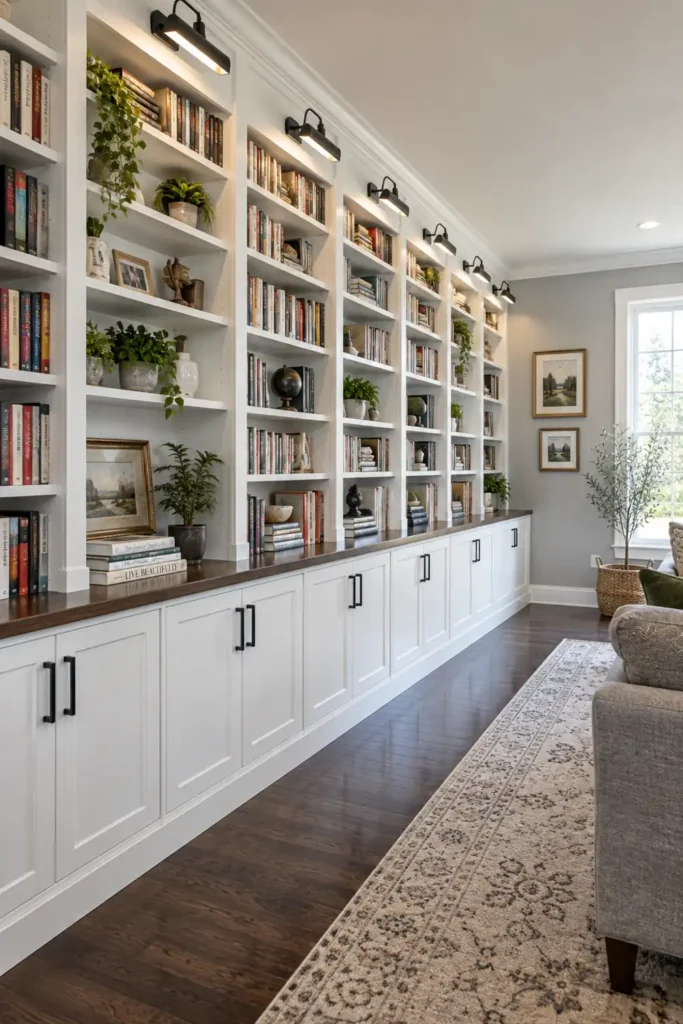 DIY Built-In Bookcases from Stock Cabinets: 8 Custom-Looking Ideas 4 Long white dining room library wall with book-filled shelves, black picture lights, a dark wood countertop, lower cabinets, and hardwood flooring.