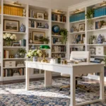DIY Billy bookcase corner built-in library with white floor-to-ceiling shelving, a central white desk, green banker lamp, blue patterned rug, and collected books and decor.
