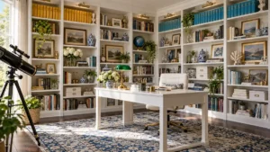 DIY Billy bookcase corner built-in library with white floor-to-ceiling shelving, a central white desk, green banker lamp, blue patterned rug, and collected books and decor.