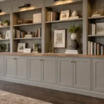 Gray DIY built-in bookcases made from stock cabinets with open shelves, a butcher block countertop, crown molding, brass hardware, and picture lights.