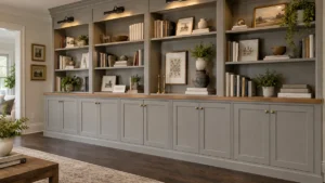 Gray DIY built-in bookcases made from stock cabinets with open shelves, a butcher block countertop, crown molding, brass hardware, and picture lights.