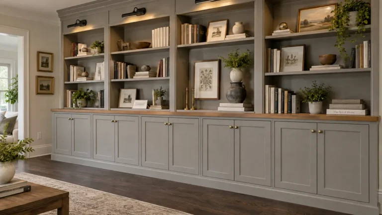 DIY Built-In Bookcases from Stock Cabinets: 8 Custom-Looking Ideas 3 Gray DIY built-in bookcases made from stock cabinets with open shelves, a butcher block countertop, crown molding, brass hardware, and picture lights.