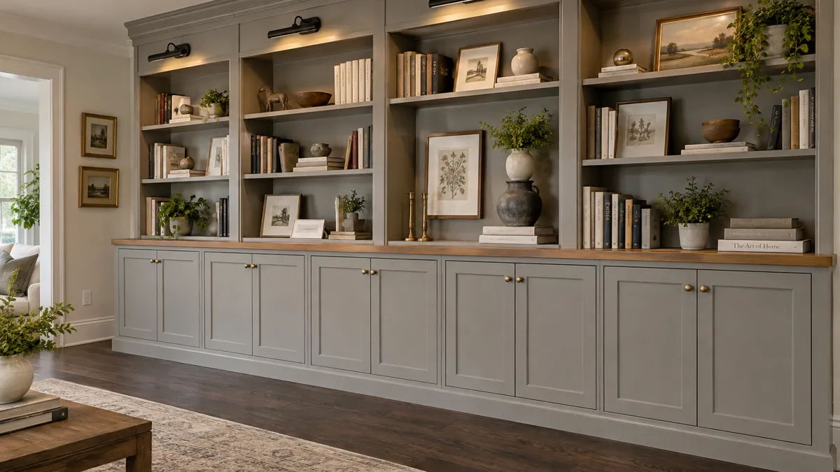 DIY Built-In Bookcases from Stock Cabinets: 8 Custom-Looking Ideas 1 Gray DIY built-in bookcases made from stock cabinets with open shelves, a butcher block countertop, crown molding, brass hardware, and picture lights.