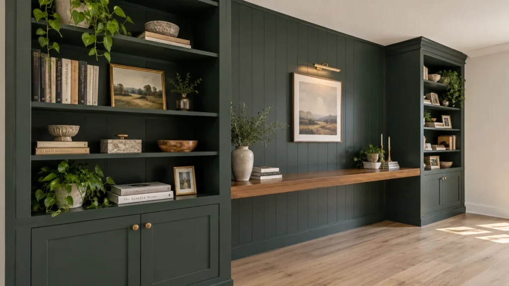 DIY Built-In Bookshelves on a Budget: 7 Practical Ideas for Custom Storage 9 DIY Built-In Bookshelves on a Budget
Finished dark green built-in bookshelves with a warm stained wood counter and light wood flooring in a bright room.
