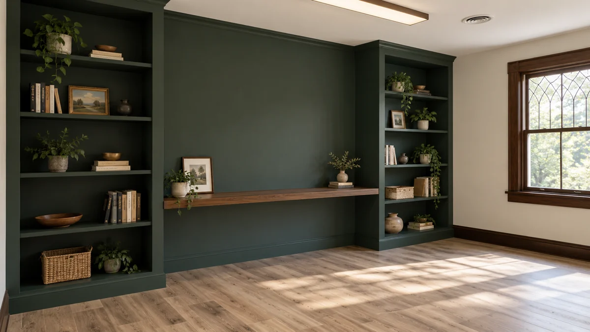 DIY Built-In Bookshelves on a Budget: 7 Practical Ideas for Custom Storage 1 Dark green DIY built-in bookshelves with a stained wood center countertop, light wood flooring, and a dark-trimmed window.