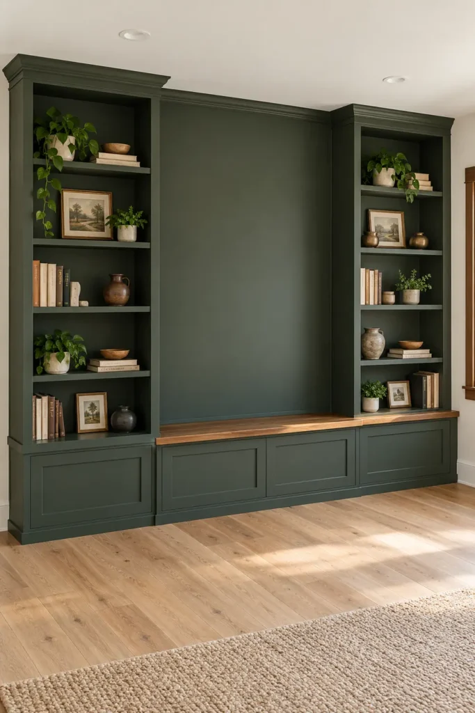 DIY Built-In Bookshelves on a Budget: 7 Practical Ideas for Custom Storage 3 Deep green built-in bookshelves surrounding a warm wood storage bench in a bright living room.