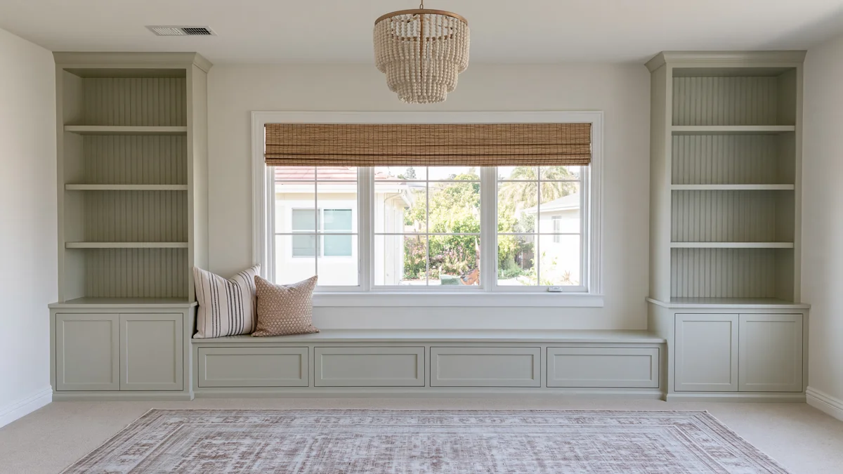DIY Built-Ins Around Window: 5 Architectural Ideas to Inspire Your Space 1 Pale gray-green DIY built-ins around a large window with open shelves, a window seat, storage cabinets, woven Roman shade, pillows, and patterned rug.