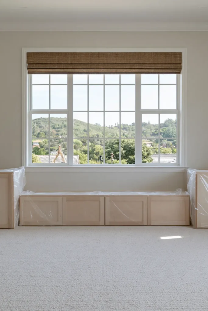 DIY Built-Ins Around Window: 5 Architectural Ideas to Inspire Your Space 2 Early construction stage of DIY built-ins around a large gridded window with raw wood cabinets, protective plastic, and a woven Roman shade.