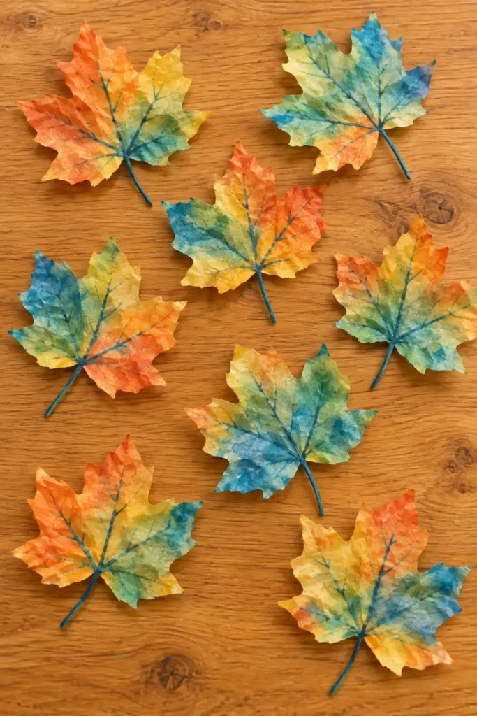 DIY Coffee Filter Leaves for Fall Decor: 3 Easy Display Ideas 4 Colorful watercolor coffee filter leaves scattered loosely across a warm wood table for simple fall decor.