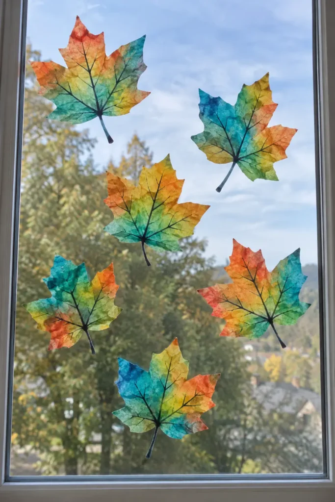 DIY Coffee Filter Leaves for Fall Decor: 3 Easy Display Ideas 2 Colorful watercolor coffee filter leaves taped across a window in an easy fall decor display.
DIY coffee filter leaves