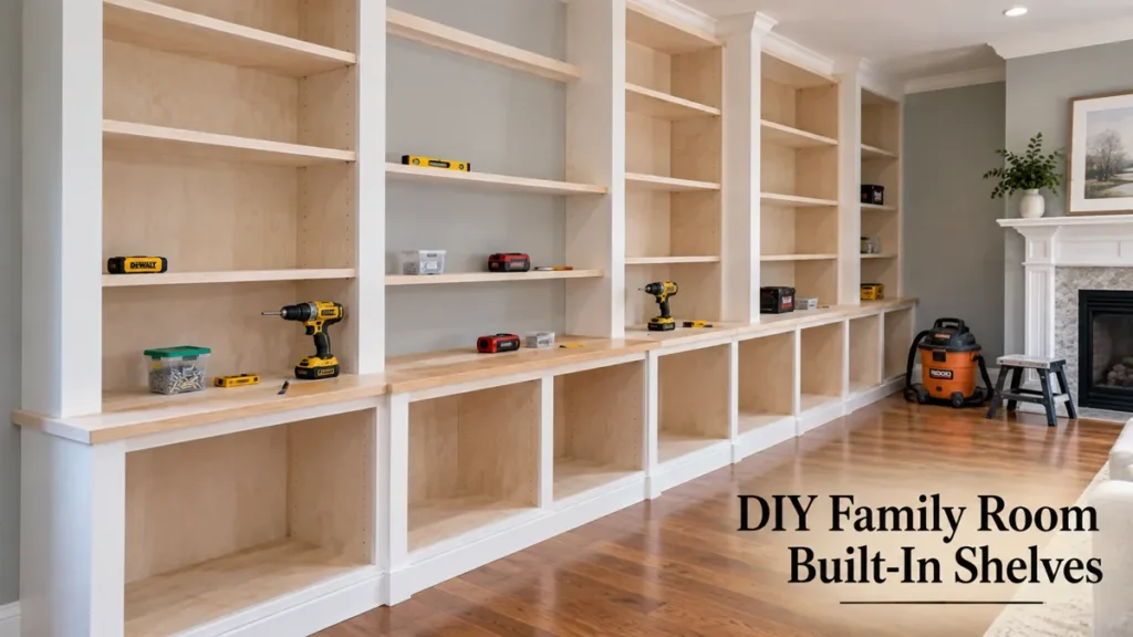 DIY Family Room Built-In Shelves: 5 Practical Design Ideas 7 Nearly assembled DIY family room built-in wall with pale plywood bookcases, white divider trim, open base cabinets, wood countertop, and hardwood flooring.