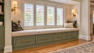 DIY IKEA BESTA window seat with olive-green storage drawers, brass pulls, cream cushions, plantation shutters, patterned pillows, and wall sconces.