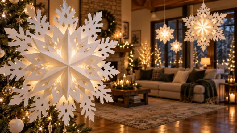 DIY Large Paper Snowflakes Guide: 5 Festive Decorating Ideas 2 Large white paper snowflakes glowing in a warm holiday living room beside a decorated Christmas tree.