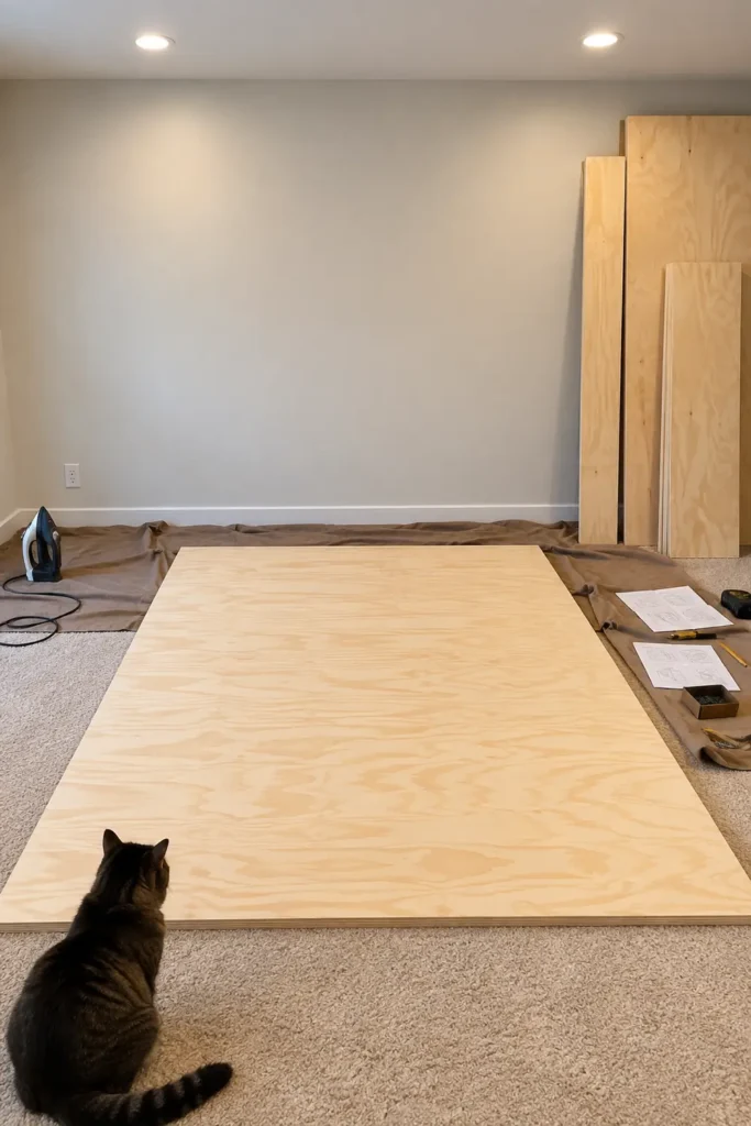 DIY Murphy Bed Makeover Ideas for a Stylish Multipurpose Room 4 Murphy bed DIY construction scene with plywood panels, raw boards, protective cloths, tools, recessed lights, and a dark-colored cat.