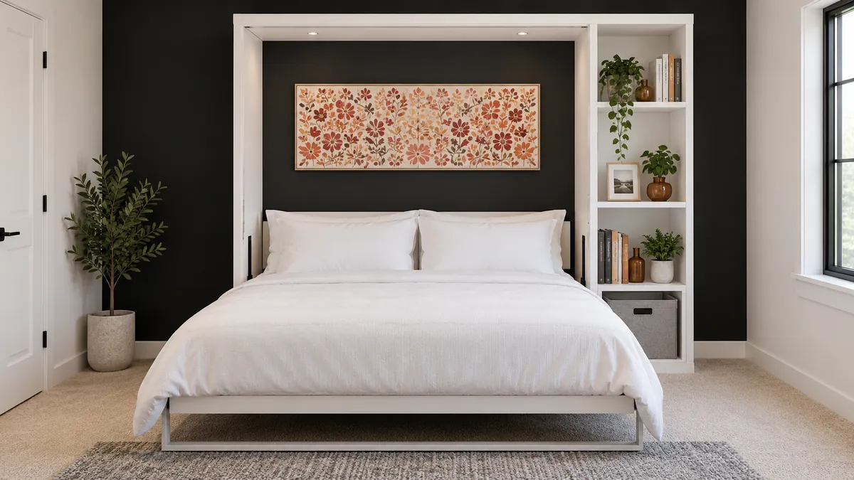 DIY Murphy Bed Makeover Ideas for a Stylish Multipurpose Room 1 White DIY Murphy bed open against a black accent wall with built-in shelving, white bedding, plants, books, and warm-toned artwork.