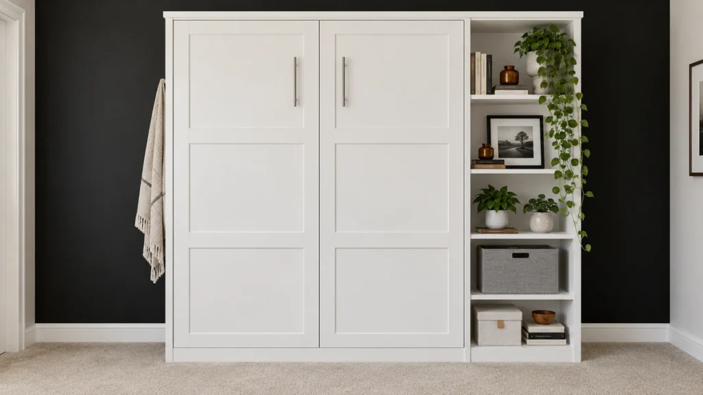 DIY Murphy Bed Makeover Ideas for a Stylish Multipurpose Room 6 Finished white Murphy bed closed against a black accent wall with paneled cabinetry, built-in shelving, books, plants, and storage.
DIY Murphy Bed Makeover