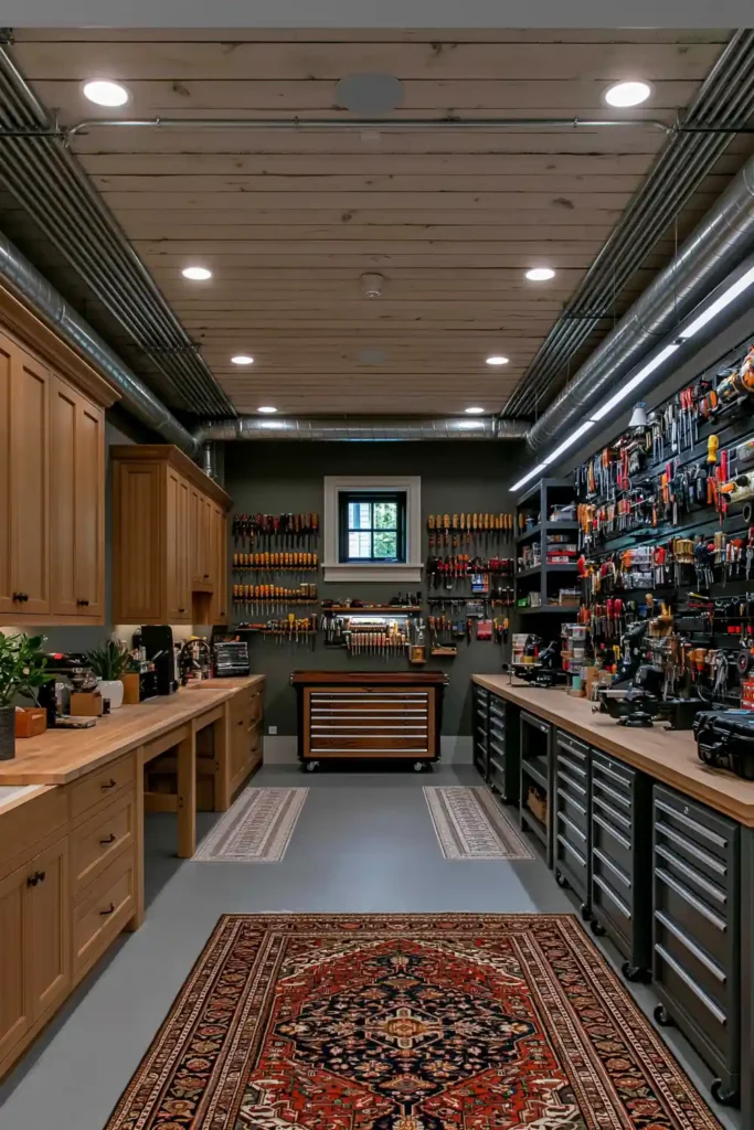 24 Bonus Room Ideas for Designing a Space You’ll Actually Use 21 Organized DIY workshop with dual workbenches, tool cabinets, rows of hanging hand tools, concrete flooring, and a pale wood ceiling.