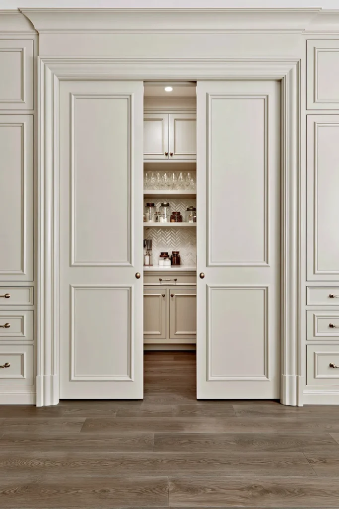 18 Secret Door Ideas That Fit Beautifully Into Your Home 9 Double cabinet doors opening into a hidden pantry with pale cabinetry, open shelving, brass hardware, and herringbone backsplash.