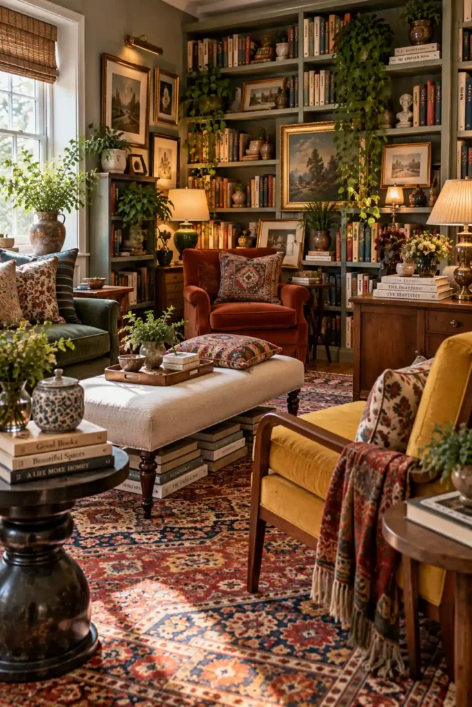 20 Cozy Book Nook Designs for Warm, Inviting Reading Spaces 21 Eclectic reading corner with mustard and rust chairs, layered bookshelves, stacked books, framed art, greenery, lamps, and a richly patterned rug.
