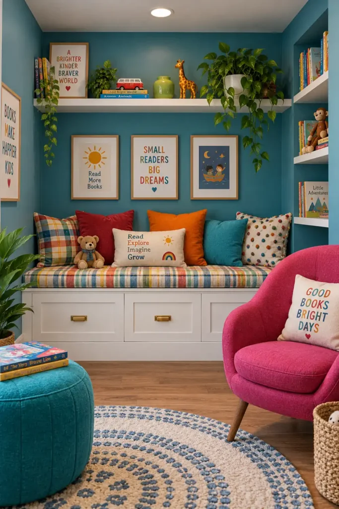 20 Cozy Book Nook Designs for Warm, Inviting Reading Spaces 9 Family-friendly reading nook with teal walls, a white storage bench, colorful cushions, bookshelves, a pink accent chair, turquoise ottoman, and round rug.