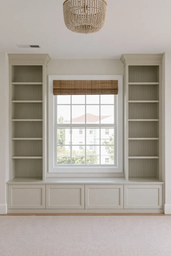 DIY Built-Ins Around Window: 5 Architectural Ideas to Inspire Your Space 6 Finished pale gray-green built-ins surrounding a large window with open shelves, recessed cabinets, a window seat, Roman shade, and beaded chandelier.