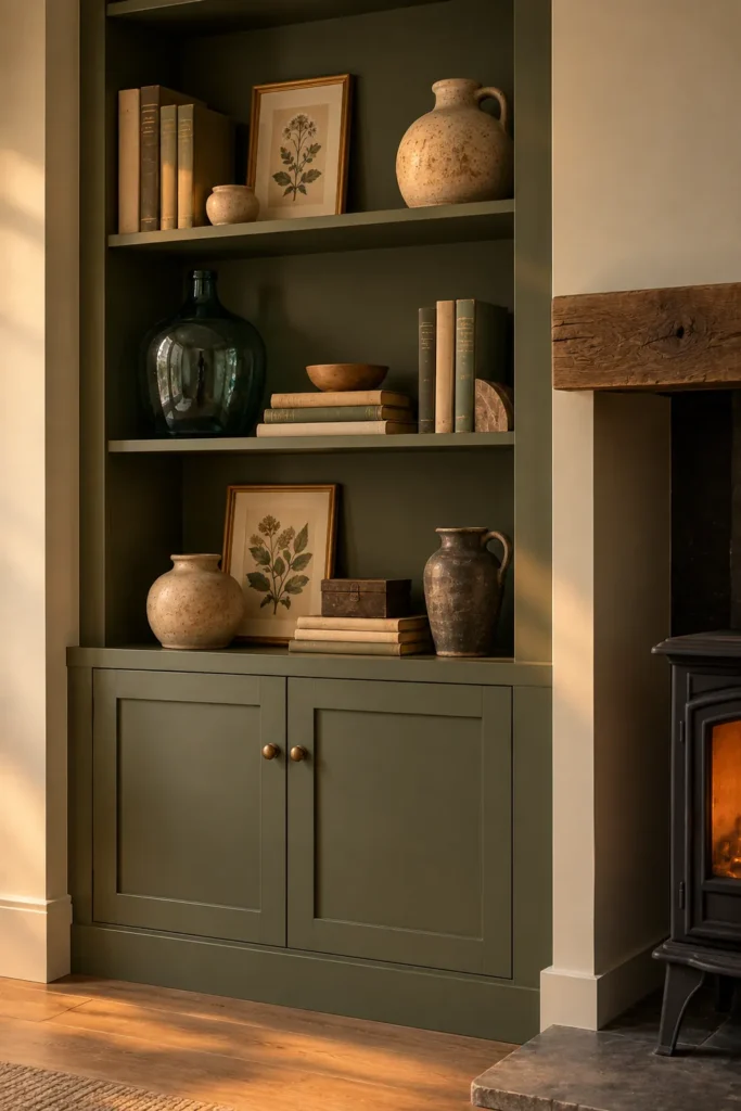 Deep Olive Alcove Shelving Beside a Wood-Burning Stove: A Practical Built-In Project Guide 9 Finished deep olive alcove shelves with Shaker storage, brass knobs, stoneware, botanical art, and glass beside a wood-burning stove.