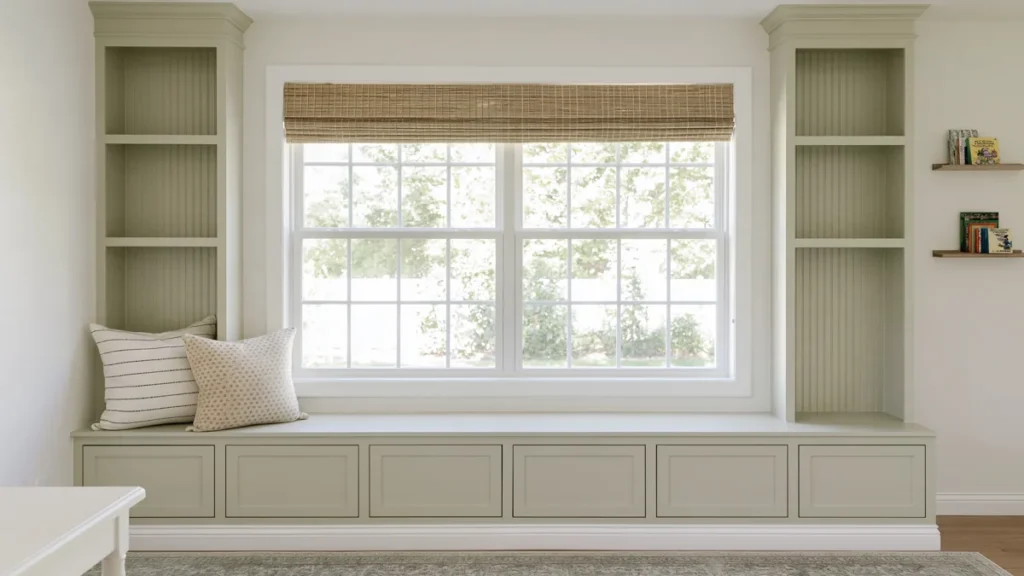 DIY Built-Ins Around Window: 5 Architectural Ideas to Inspire Your Space 7 Finished gray-green built-ins around a window with open shelving, storage cabinets, striped and patterned pillows, book ledges, and a woven Roman shade.
