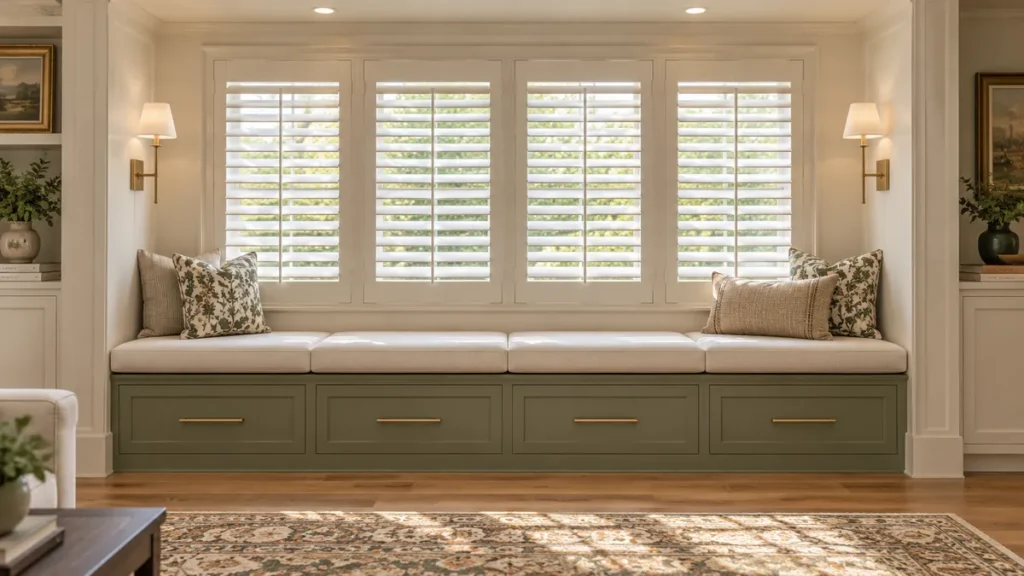 DIY IKEA BESTA Window Seat Hack: 5 Built-In Storage Ideas for Cozy Nooks 7 Finished IKEA BESTA built-in window seat with olive-green paneled drawers, brass pulls, pale cushion, patterned pillows, plantation shutters, wall sconces, and hardwood flooring.