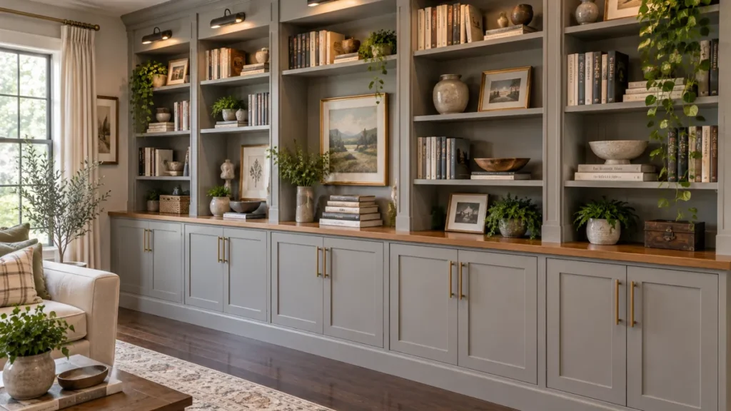 DIY Built-In Bookcases from Stock Cabinets: 8 Custom-Looking Ideas 10 Finished gray stock-cabinet built-ins with open shelves, warm wood countertop, crown molding, brass hardware, books, plants, and picture lights.