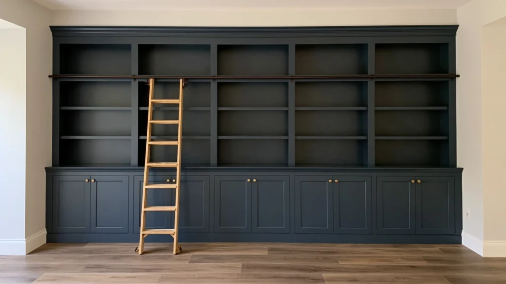 DIY IKEA Billy Bookcase Library Wall Ideas for a Custom Built-In Look 6 Finished deep teal IKEA Billy library wall with Shaker cabinets, brass knobs, crown moulding, and a natural wood rolling ladder.