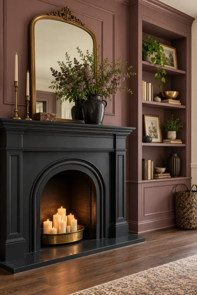 DIY Built-In Bookshelves on a Budget: 7 Practical Ideas for Custom Storage 5 Matte black fireplace beside mauve built-in bookshelves with a gold-framed mirror, candles, plants, and dark wood flooring.
