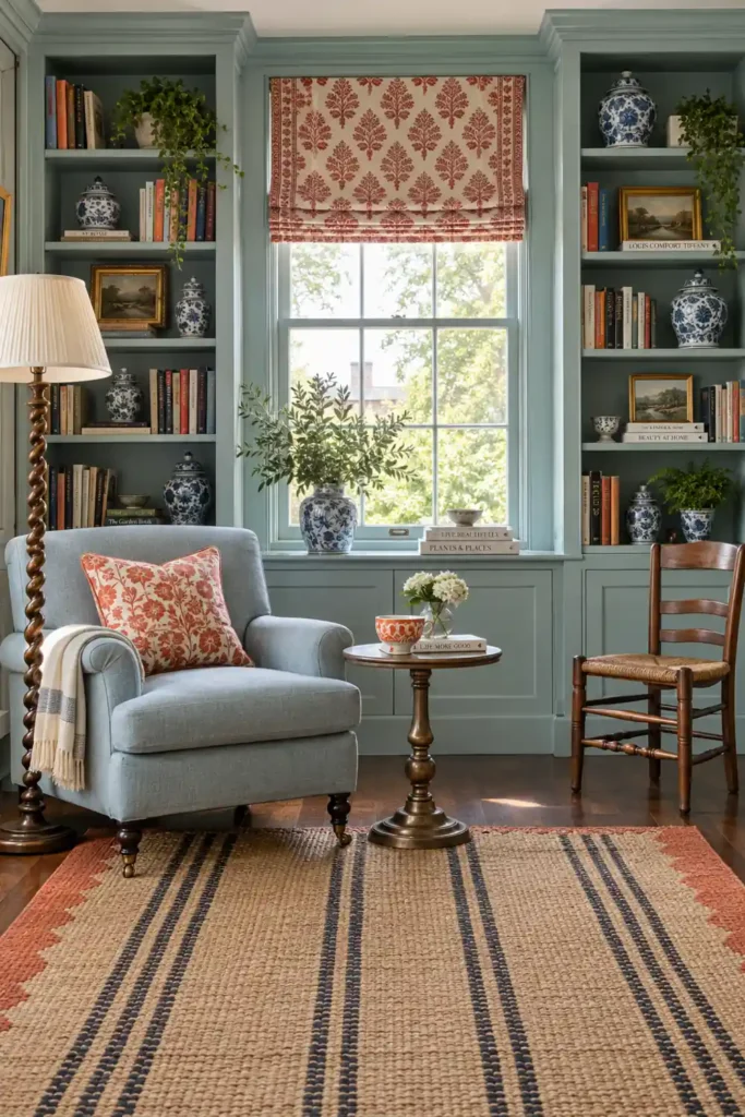 12 Book Storage and Styling Ideas for a Beautiful, Organized Home 9 Pale blue-green floor-to-ceiling bookcases framing a window with books, ceramic vases, an armchair, and a small side table.