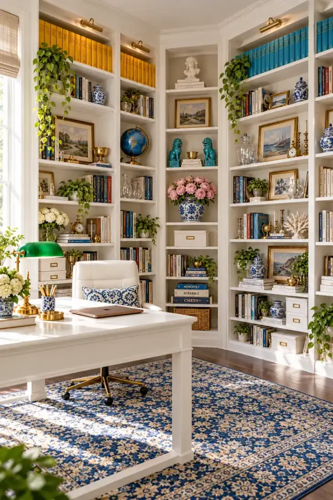 DIY Billy Bookcase Corner Built-In Ideas for a Collected Home Library 2 Floor-to-ceiling white Billy bookcase built-ins wrapping around a library corner with a white desk, green banker lamp, colorful books, and blue patterned rug.