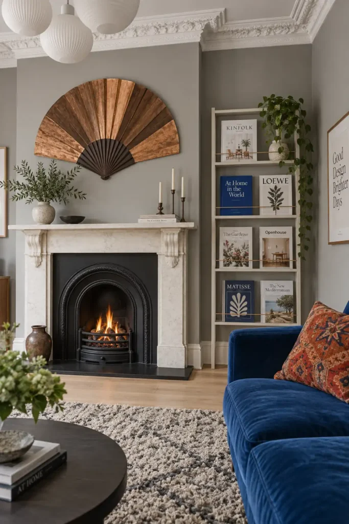 12 Book Storage and Styling Ideas for a Beautiful, Organized Home 4 Gray living room with narrow front-facing book display shelves beside a white fireplace and vivid blue velvet sofa.