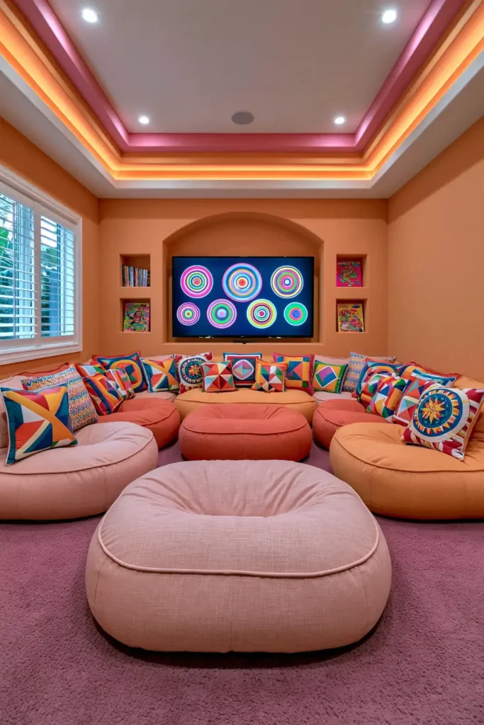 24 Bonus Room Ideas for Designing a Space You’ll Actually Use 16 Bold teen hangout room with orange walls, colorful beanbag seating, patterned pillows, magenta carpet, and a wall-mounted TV.