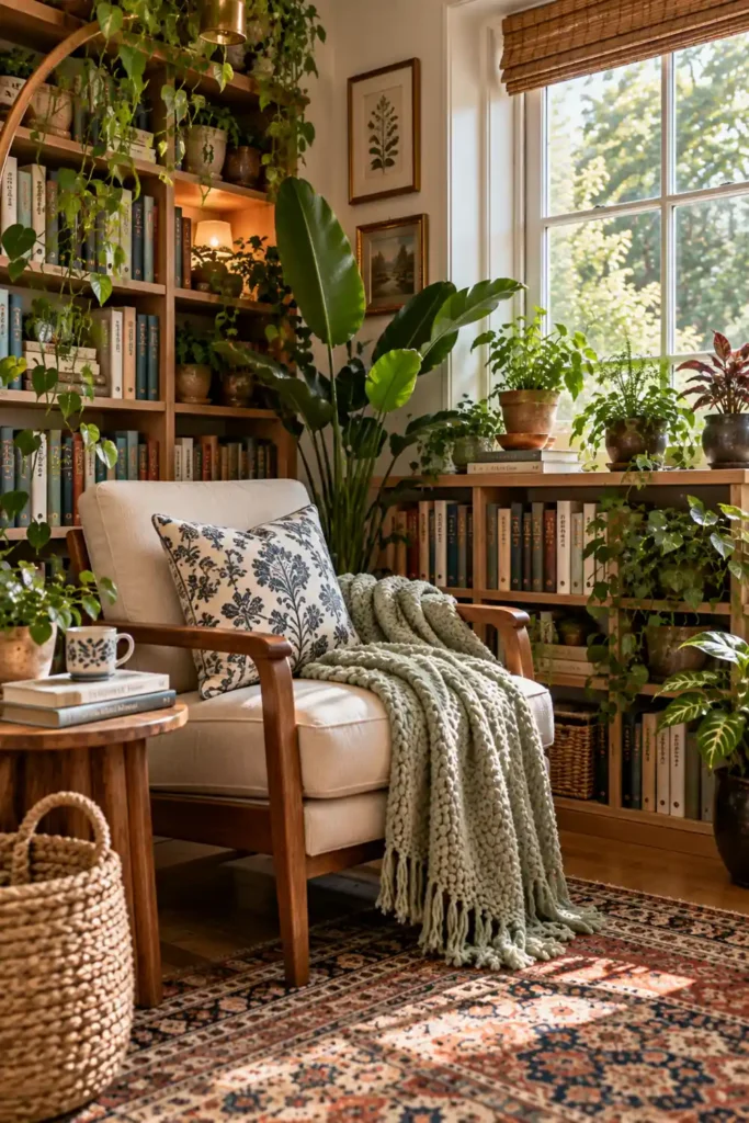 20 Cozy Book Nook Designs for Warm, Inviting Reading Spaces 19 Garden-inspired reading nook with a cream wooden-arm chair, botanical pillow, pale green throw, book-filled shelves, trailing vines, and abundant potted plants.