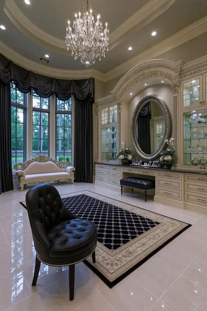 24 Bonus Room Ideas for Designing a Space You’ll Actually Use 25 Ornate dressing room with carved cream vanity cabinetry, an oval mirror, tufted black seating, crystal chandelier, and dramatic black drapery.