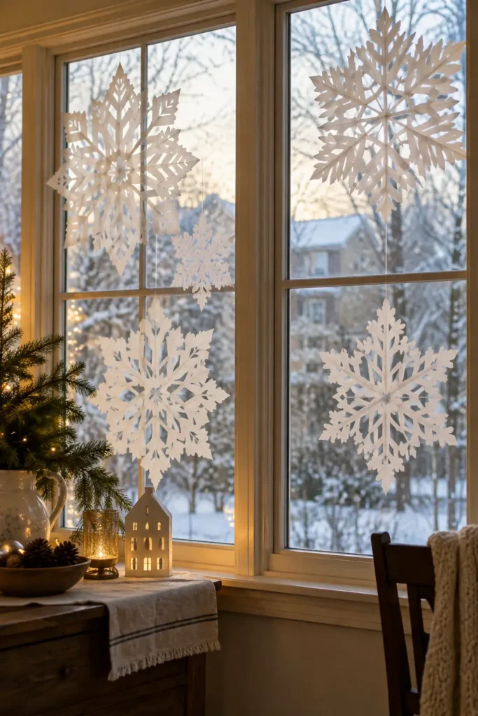 DIY Large Paper Snowflakes Guide: 5 Festive Decorating Ideas 2 Large translucent white paper snowflakes attached to a window with soft light glowing through their cutout patterns.