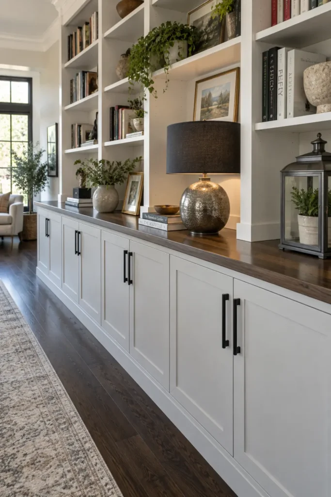 DIY Built-In Bookcases from Stock Cabinets: 8 Custom-Looking Ideas 2 Pale gray-white built-in cabinets with white open bookcases, a dark wood countertop, black pulls, books, decor, and a table lamp.
DIY Built-In Bookcases from Stock Cabinets