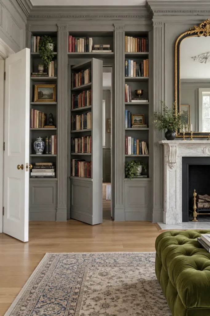 18 Secret Door Ideas That Fit Beautifully Into Your Home 7 Gray paneled bookcase jib door beside a pale marble fireplace, ornate mirror, green ottoman, and colorful books.