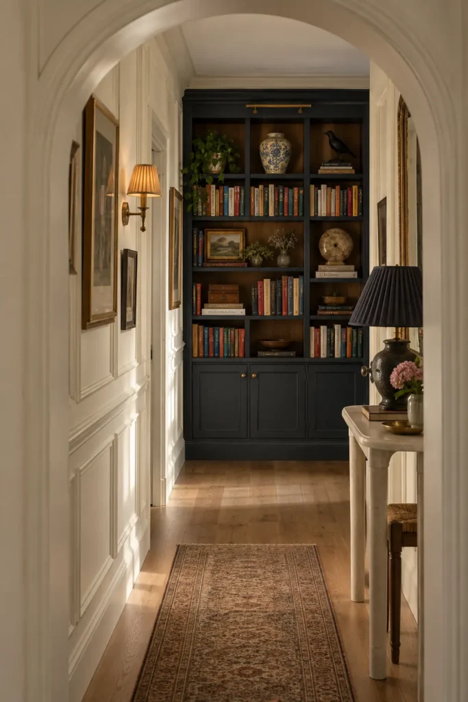 12 Book Storage and Styling Ideas for a Beautiful, Organized Home 3 Cream hallway with a rounded arch leading to a dark built-in bookcase filled with colorful books and decorative objects.