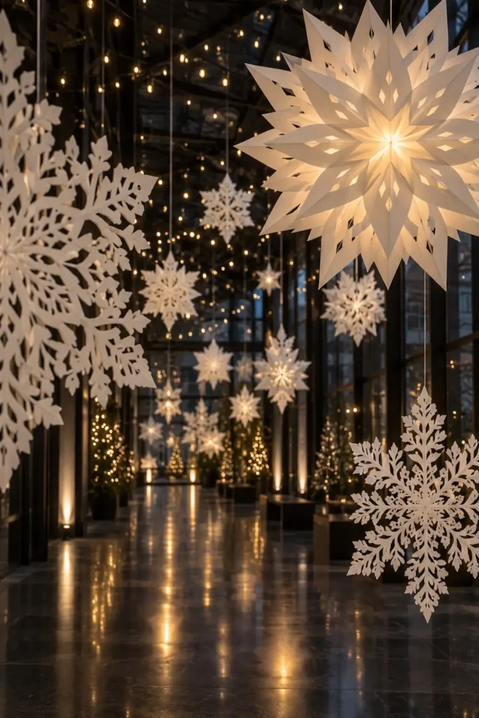DIY Large Paper Snowflakes Guide: 5 Festive Decorating Ideas 4 Large white paper snowflakes hanging at different heights in a warmly lit indoor holiday display.