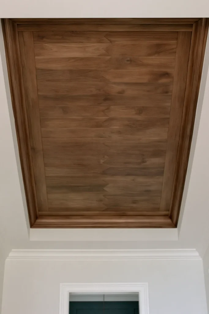 DIY IKEA Billy Bookcase Library Wall Ideas for a Custom Built-In Look 5 Double tray ceiling with wrapped wood trim and an intricate herringbone wood pattern across the recessed center.