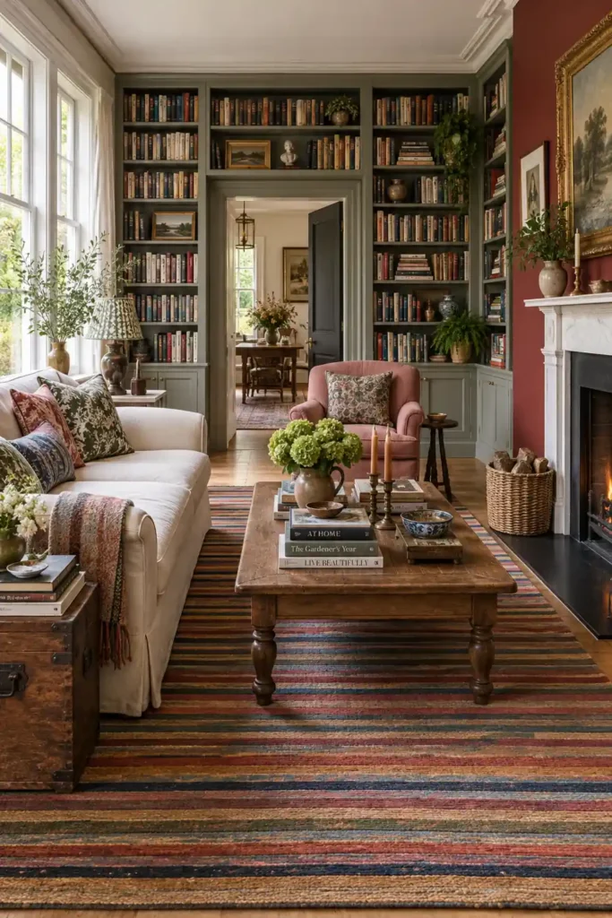 12 Book Storage and Styling Ideas for a Beautiful, Organized Home 11 Book-lined living room with tall shelving surrounding a central doorway, lower cupboards, a pale sofa, striped rug, and red fireplace wall.
Book Storage and Styling Ideas