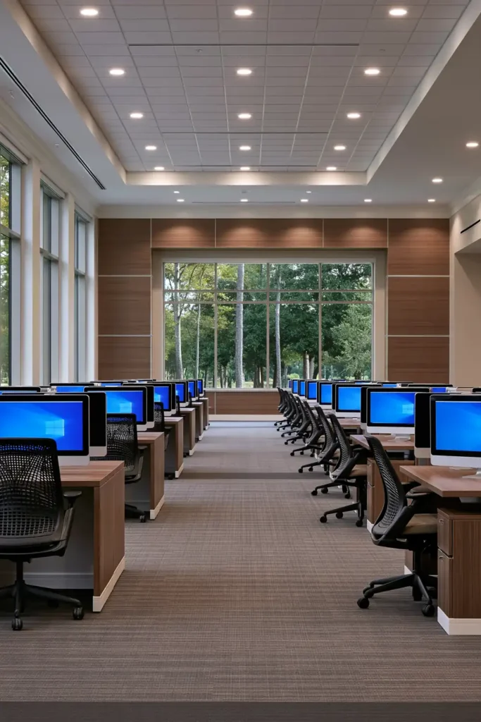 24 Bonus Room Ideas for Designing a Space You’ll Actually Use 12 Bright computer workspace with rows of wood desks, blue-screen monitors, black mesh task chairs, and tall windows overlooking trees.