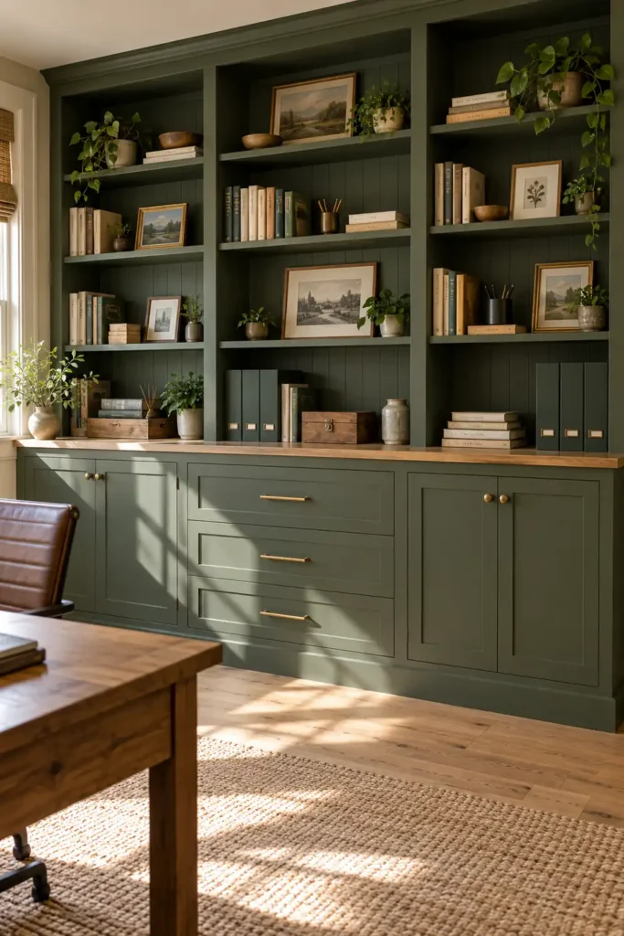 DIY Built-In Bookshelves on a Budget: 7 Practical Ideas for Custom Storage 4 Dark green home office built-ins with open bookshelves, lower cabinet doors, storage drawers, and warm wood flooring.