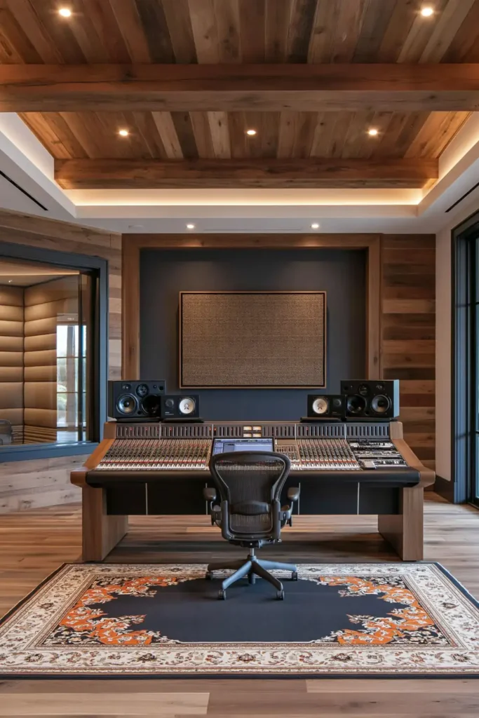24 Bonus Room Ideas for Designing a Space You’ll Actually Use 18 Warm wood recording studio with a professional mixing console, black speakers, acoustic treatment, sound booth window, and patterned rug.